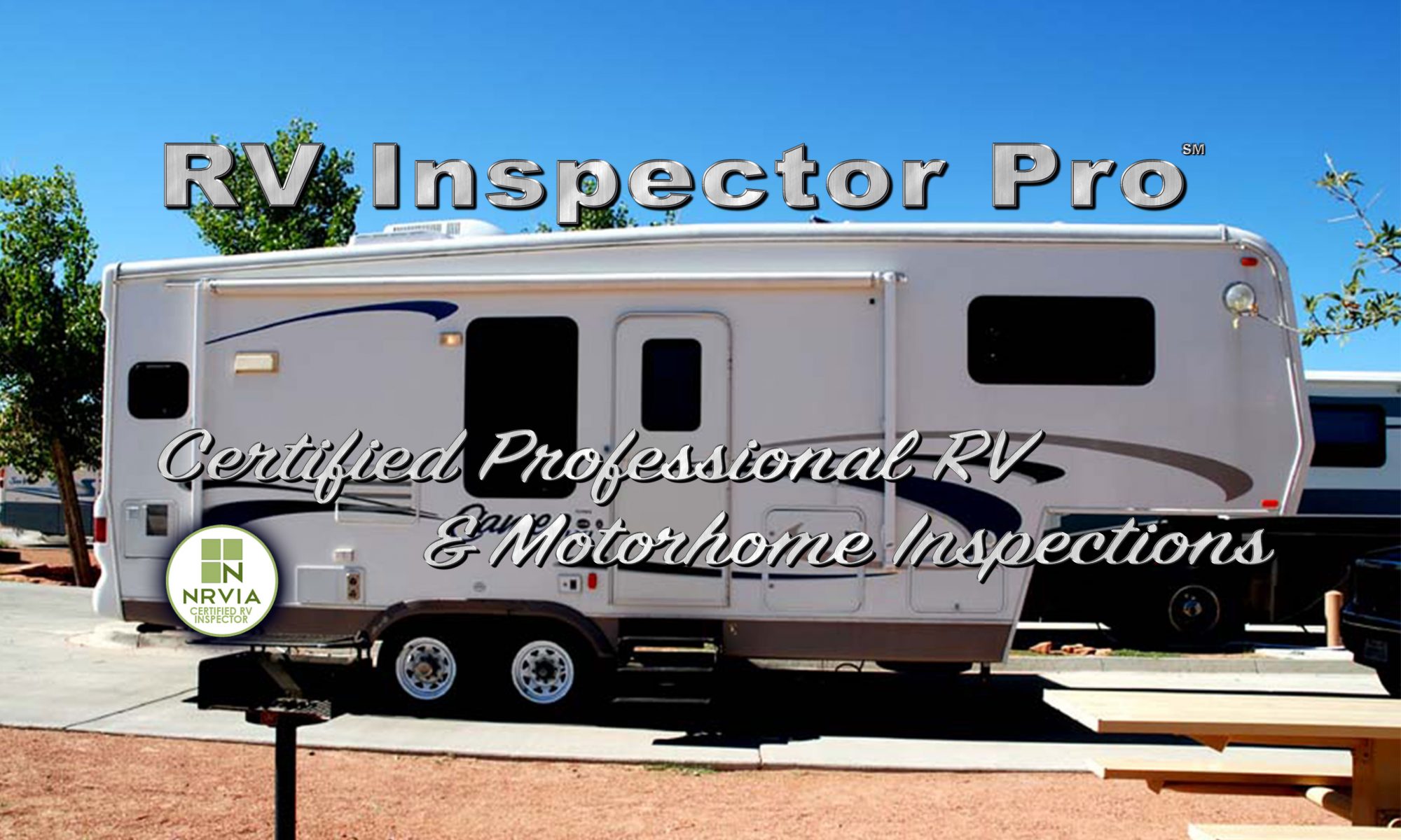 RV Inspector Pro logo over Fifth Wheel RV