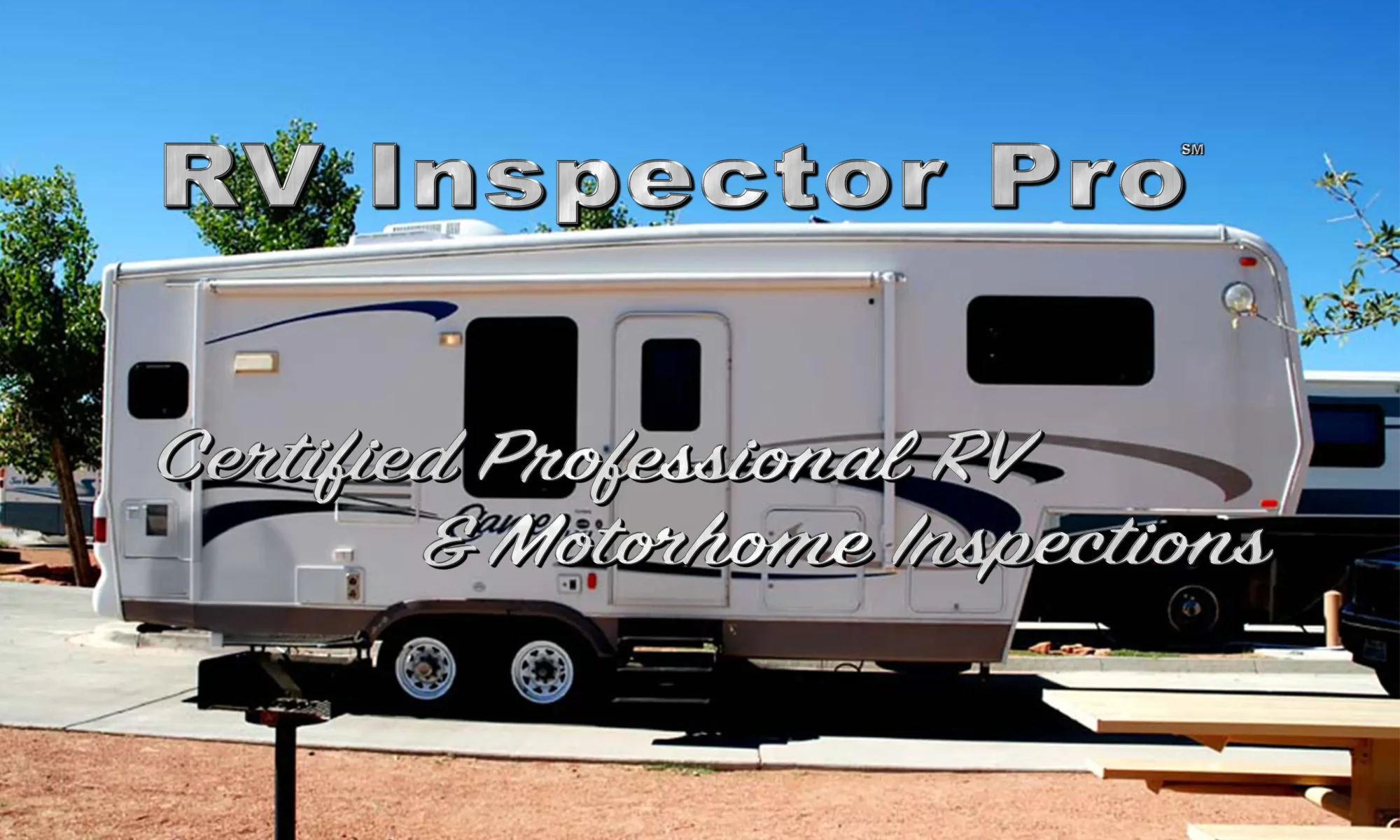 RV Inspector Pro logo over Fifth Wheel RV